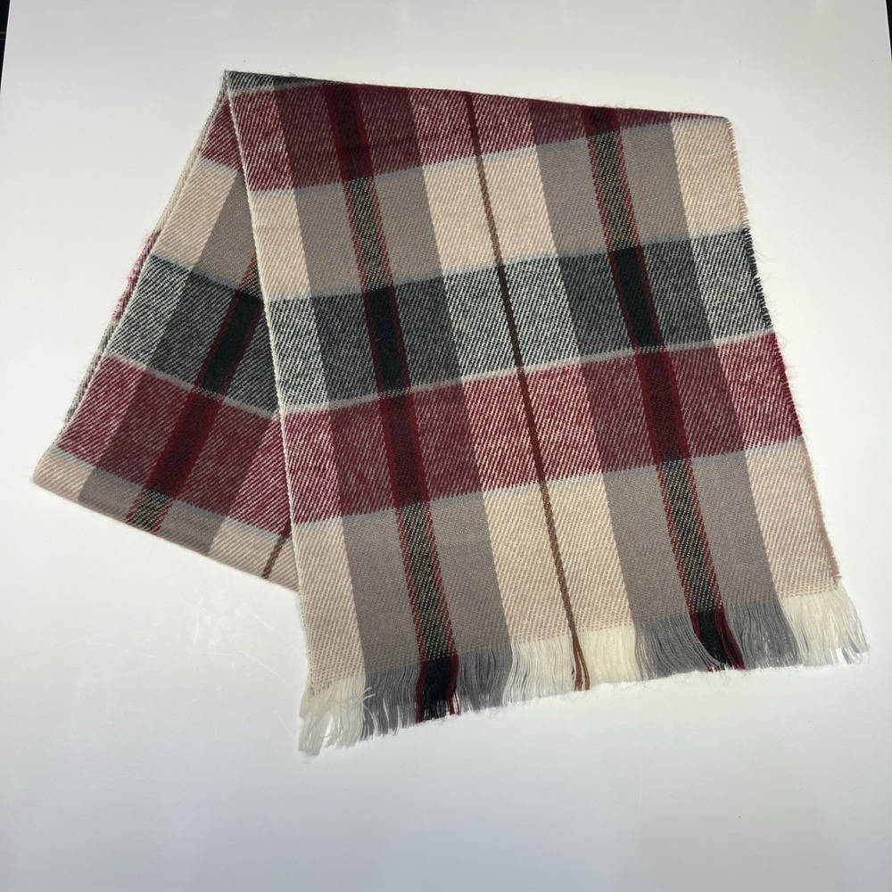 Pierre Cardin Plaid Scarf Red Grey Beige Orlon Acrylic Fringe Trim Vintage Style